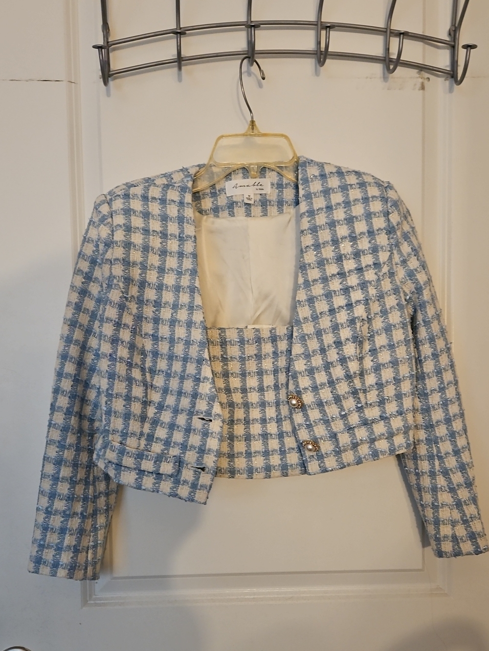 Annabelle Light Blue & Cream Tweed Cropped Blazer & Crop Top---medium